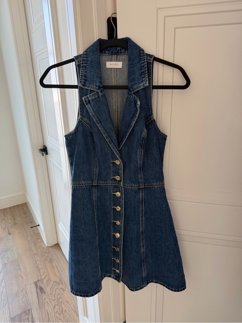 Meshki Dark Blue Denim Button-Front Sleeveless Dress
